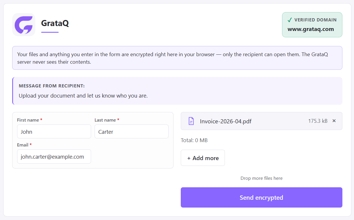 Upload page preview: a document plus name and email fields